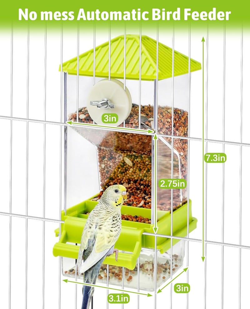 Hamiledyi Automatic Bird Feeder No Mess Bird Cage Feeder Seed Food Container with Perch Transparent Parrot Cage Accessories for Parakeets, Budgies, Cockatoos, Finches, Lovebirds, Canaries (Green) - Image 2